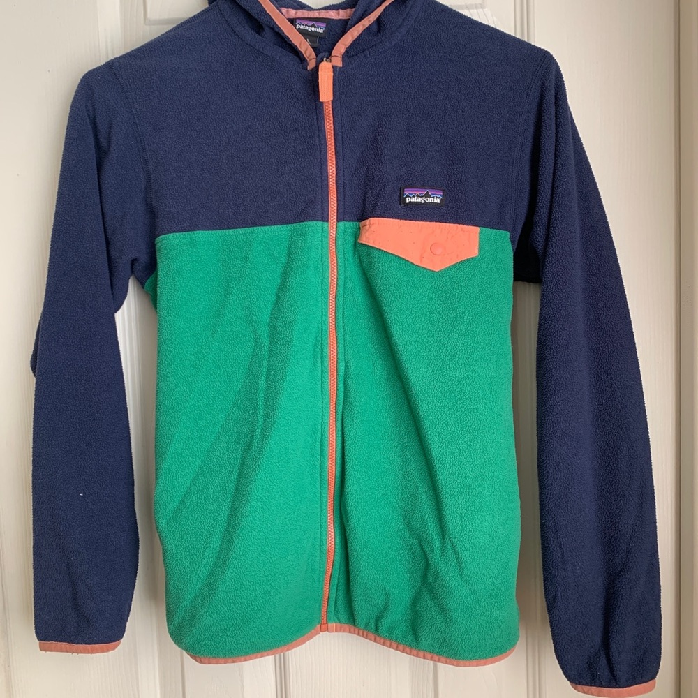 Patagonia Kids Navy, Green & Coral Hooded Fleece Jacket